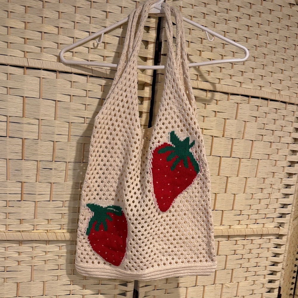 Strawberry Crochet Tote Bag - Cream and Red